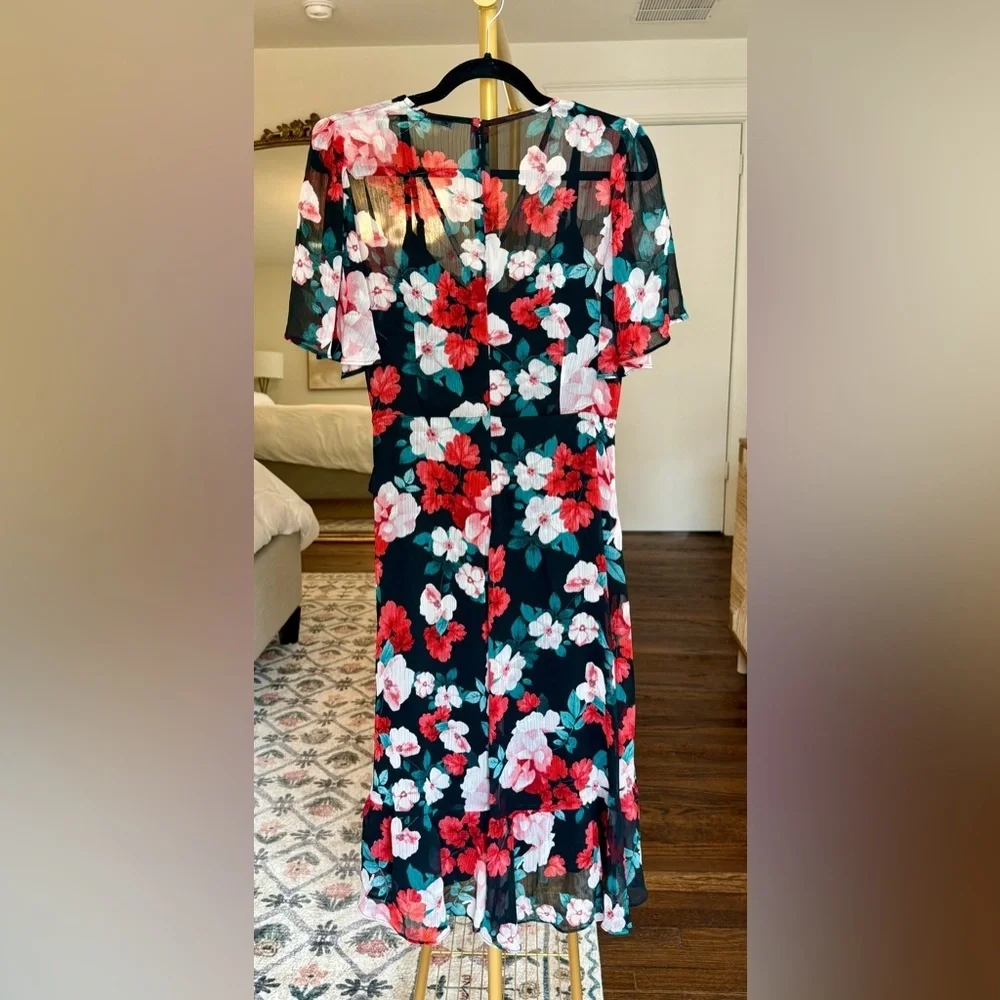 Calvin Klein Faux Wrap Black Red Floral Midi Wrap Dress - Size 8 - Picture 7 of 11